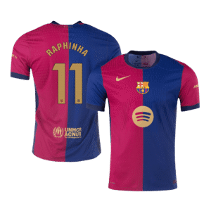 RAPHINHA #11 Barcelona Home Authentic Soccer Jersey 2024/25 – Spotify Logo Without Text
